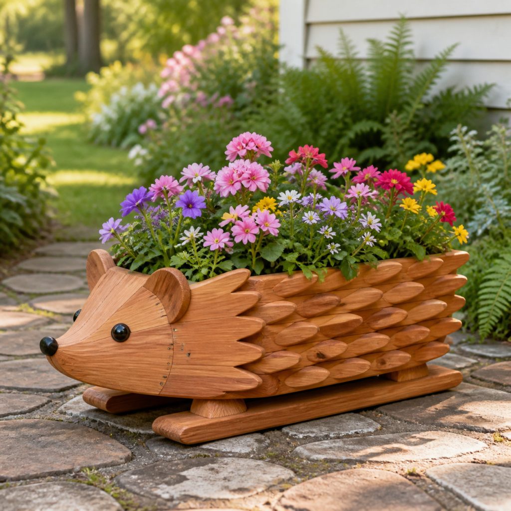Low Hedgehog on Sled Rails shown as a square photorealistic cedar garden planter filled with cottage flowers