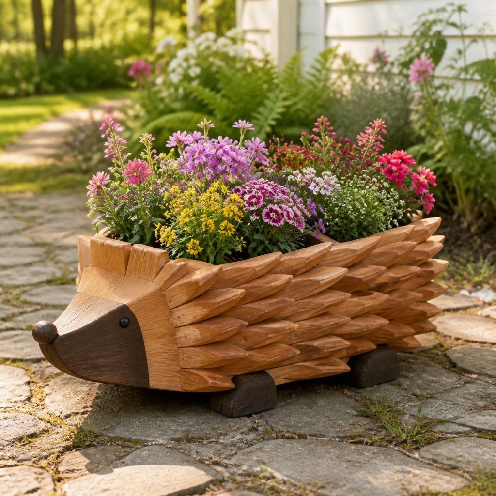 Dark-Muzzle Cedar Hedgehog shown as a square photorealistic cedar garden planter filled with cottage flowers