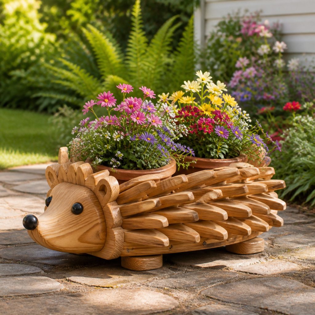 Twin-Pot Hedgehog Planter shown as a square photorealistic cedar garden planter filled with cottage flowers