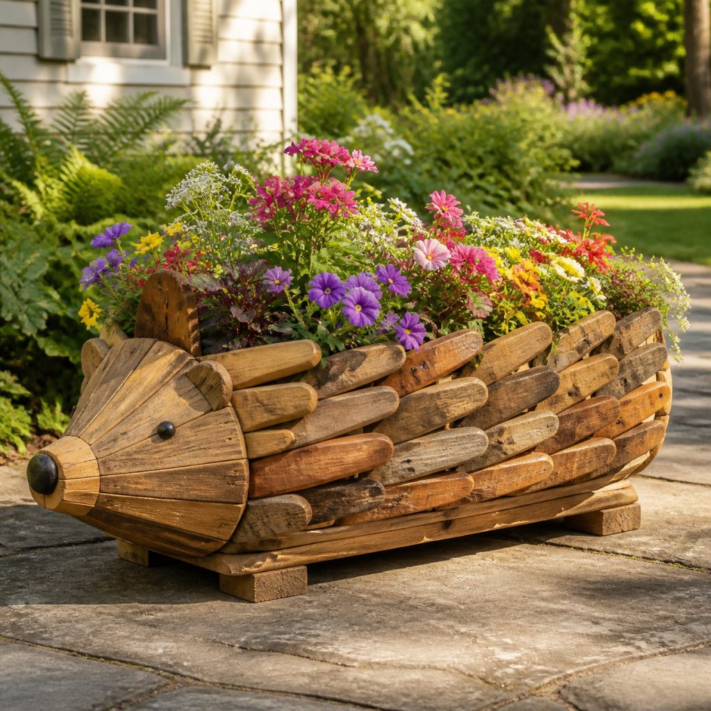 Reclaimed-Look Hedgehog Box shown as a square photorealistic cedar garden planter filled with cottage flowers