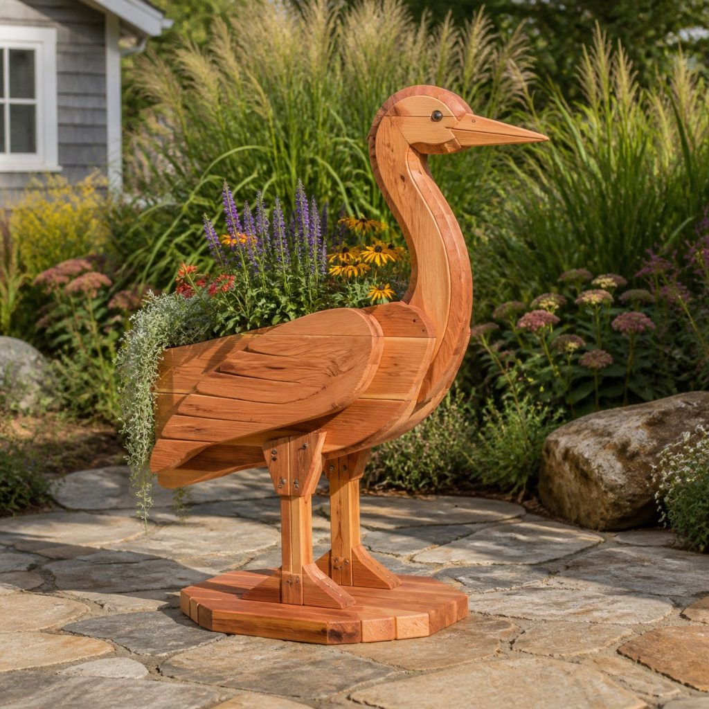 Classic Standing Cedar Heron shown as a square photorealistic cedar heron-shaped garden planter filled with flowers