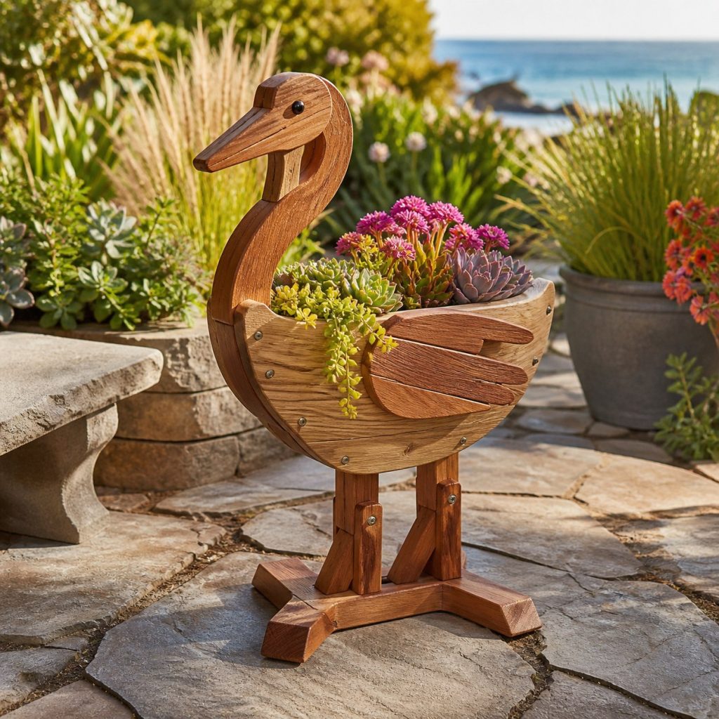 Compact Succulent Heron shown as a square photorealistic cedar heron-shaped garden planter filled with flowers