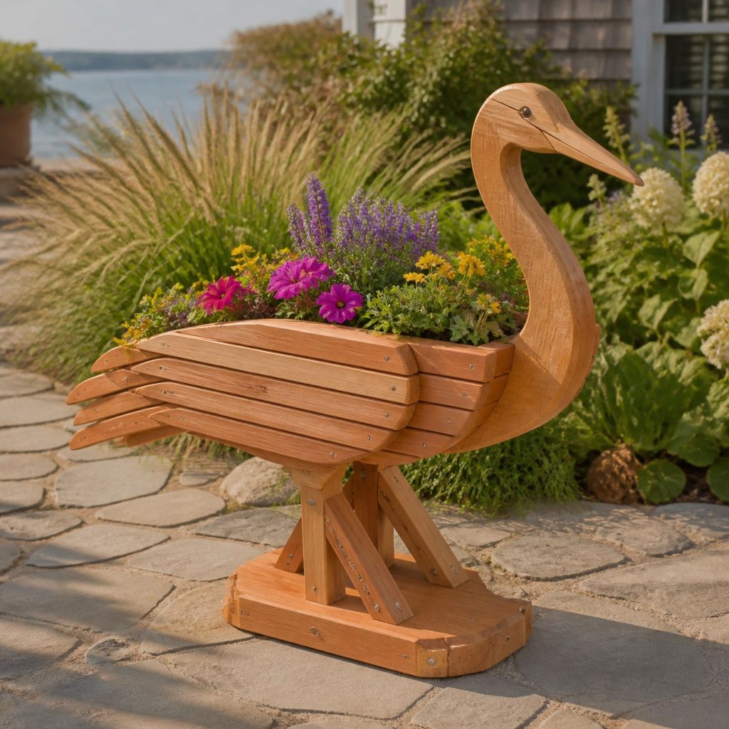 Slatted Herb-Trough Heron shown as a square photorealistic cedar heron-shaped garden planter filled with flowers