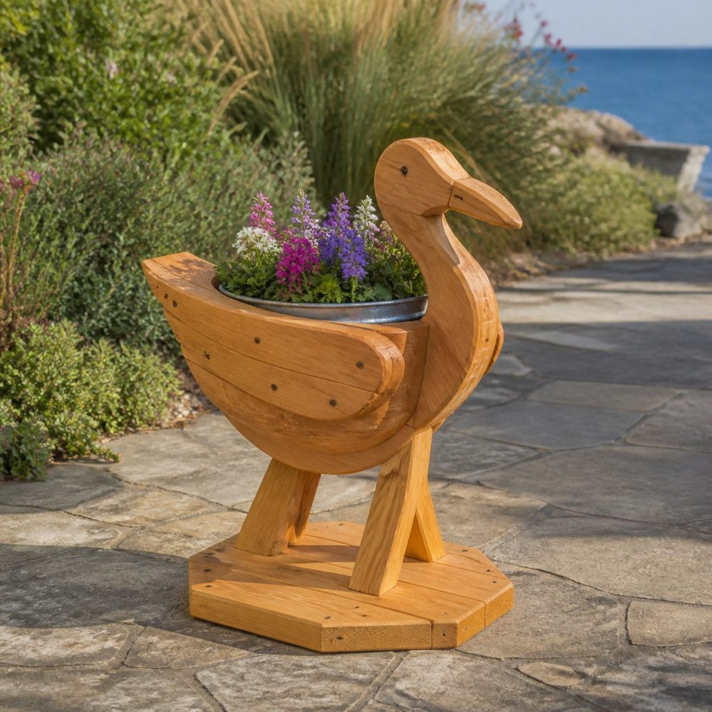 Heron with Galvanized Liner shown as a square photorealistic cedar heron-shaped garden planter filled with flowers