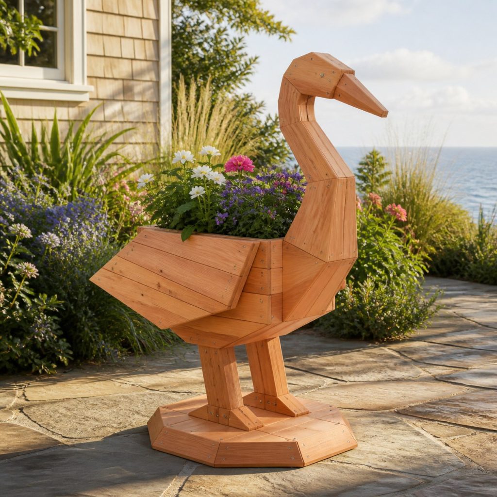 Modern Geometric Heron shown as a square photorealistic cedar heron-shaped garden planter filled with flowers