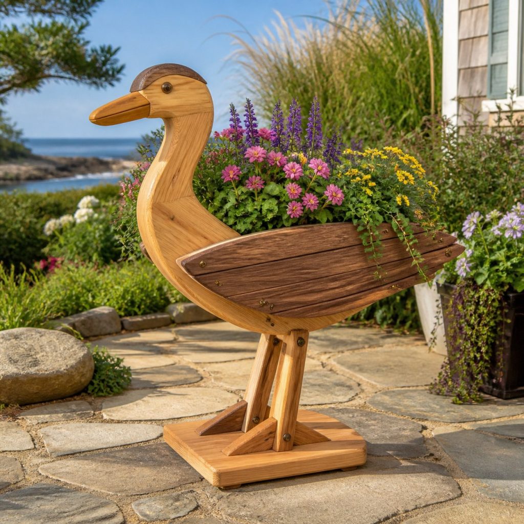 Two-Tone Cedar Heron shown as a square photorealistic cedar heron-shaped garden planter filled with flowers