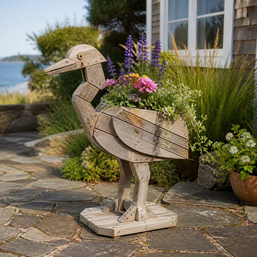 Weathered Cottage Heron shown as a square photorealistic cedar heron-shaped garden planter filled with flowers