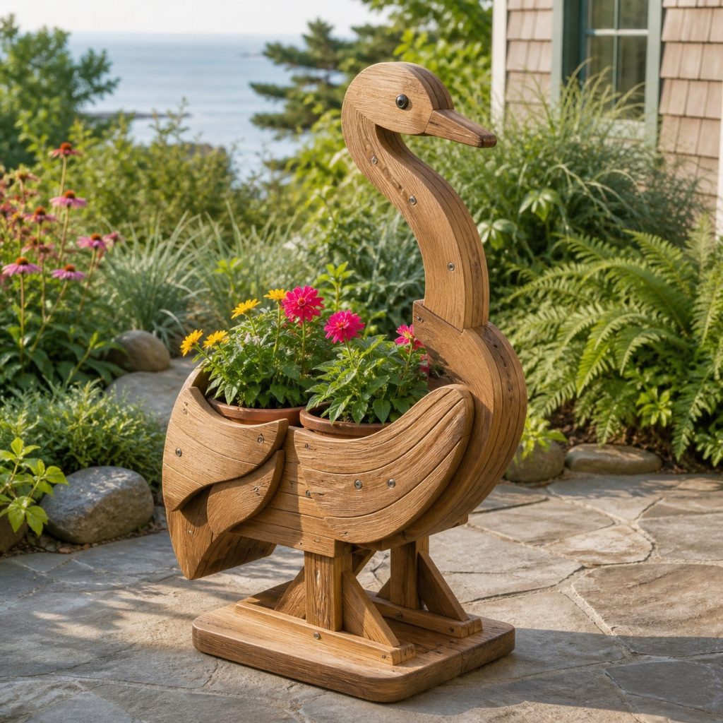 Heron with Twin Flower Pots shown as a square photorealistic cedar heron-shaped garden planter filled with flowers