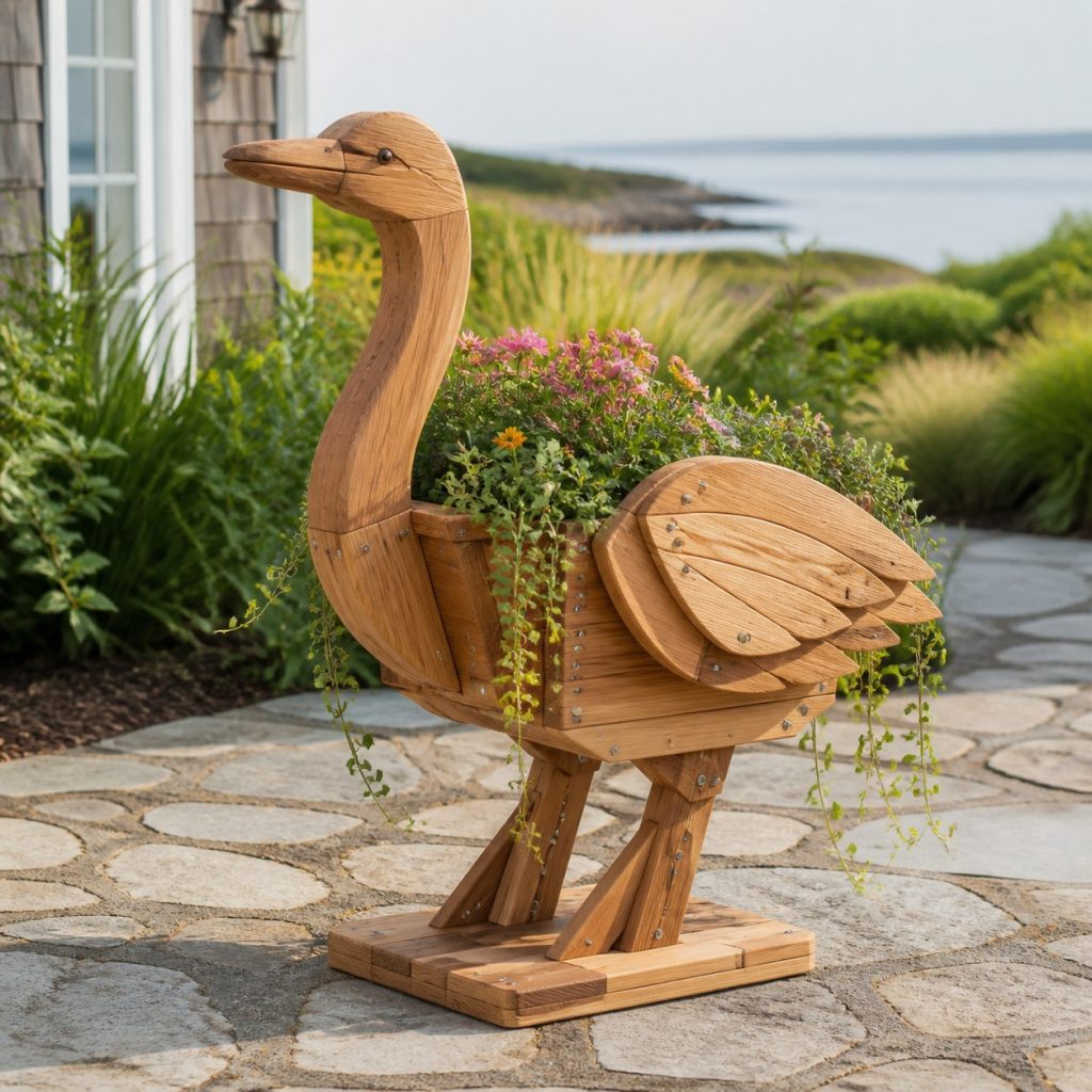 Trailing-Flower Heron shown as a square photorealistic cedar heron-shaped garden planter filled with flowers