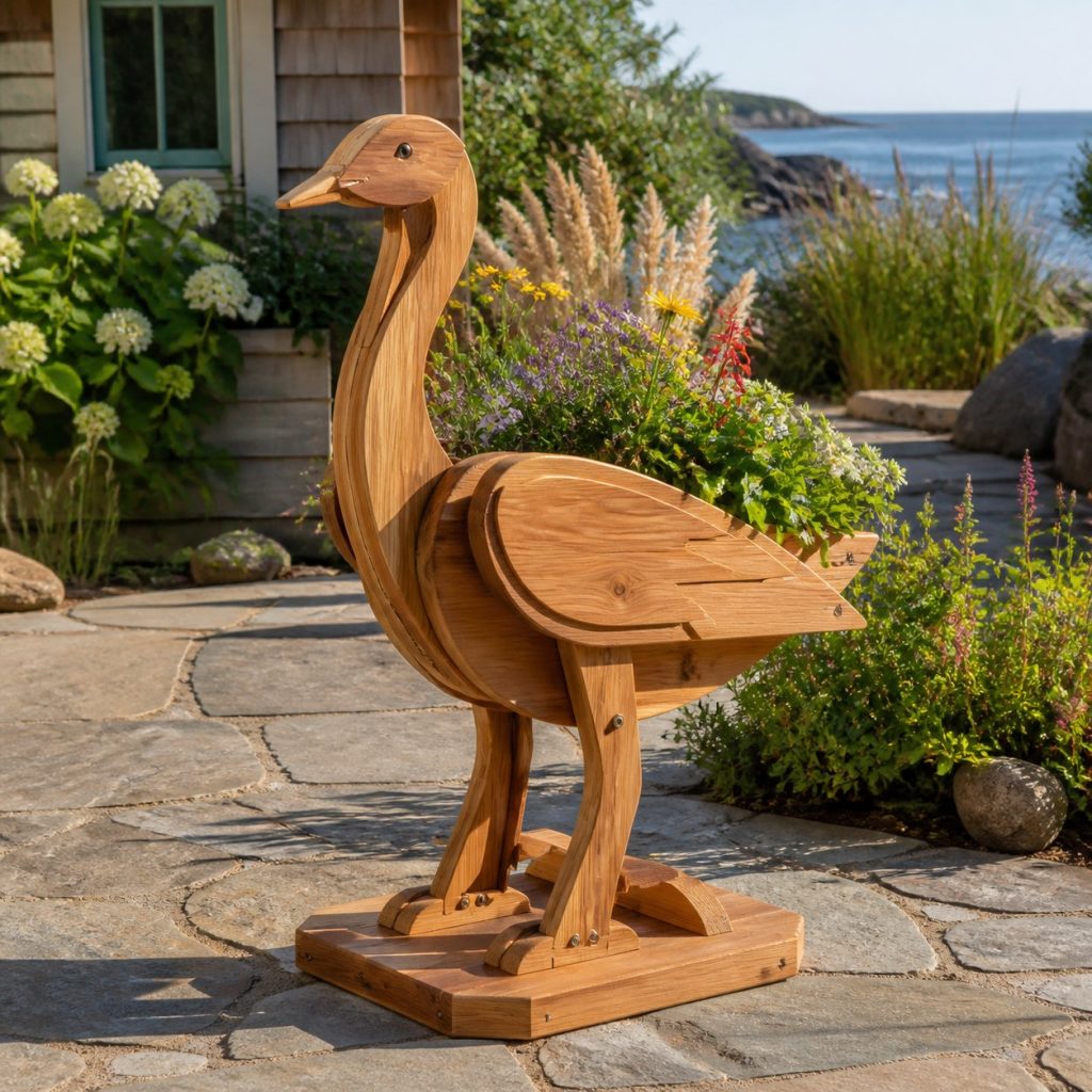 Large Grass-Filled Heron shown as a square photorealistic cedar heron-shaped garden planter filled with flowers