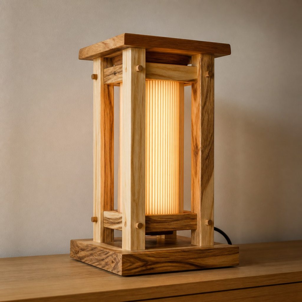 Hickory Frame Diffuser Table Lamp shown as an original square photorealistic hickory wood lamp with authentic grain, warm diffused light, and a short dark power cord
