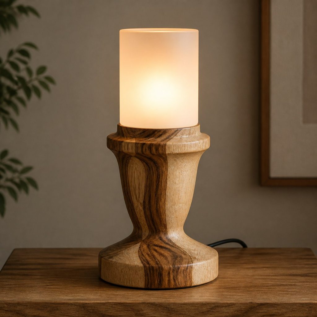 Hickory Turned Bedside Lamp shown as an original square photorealistic hickory wood lamp with authentic grain, warm diffused light, and a short dark power cord