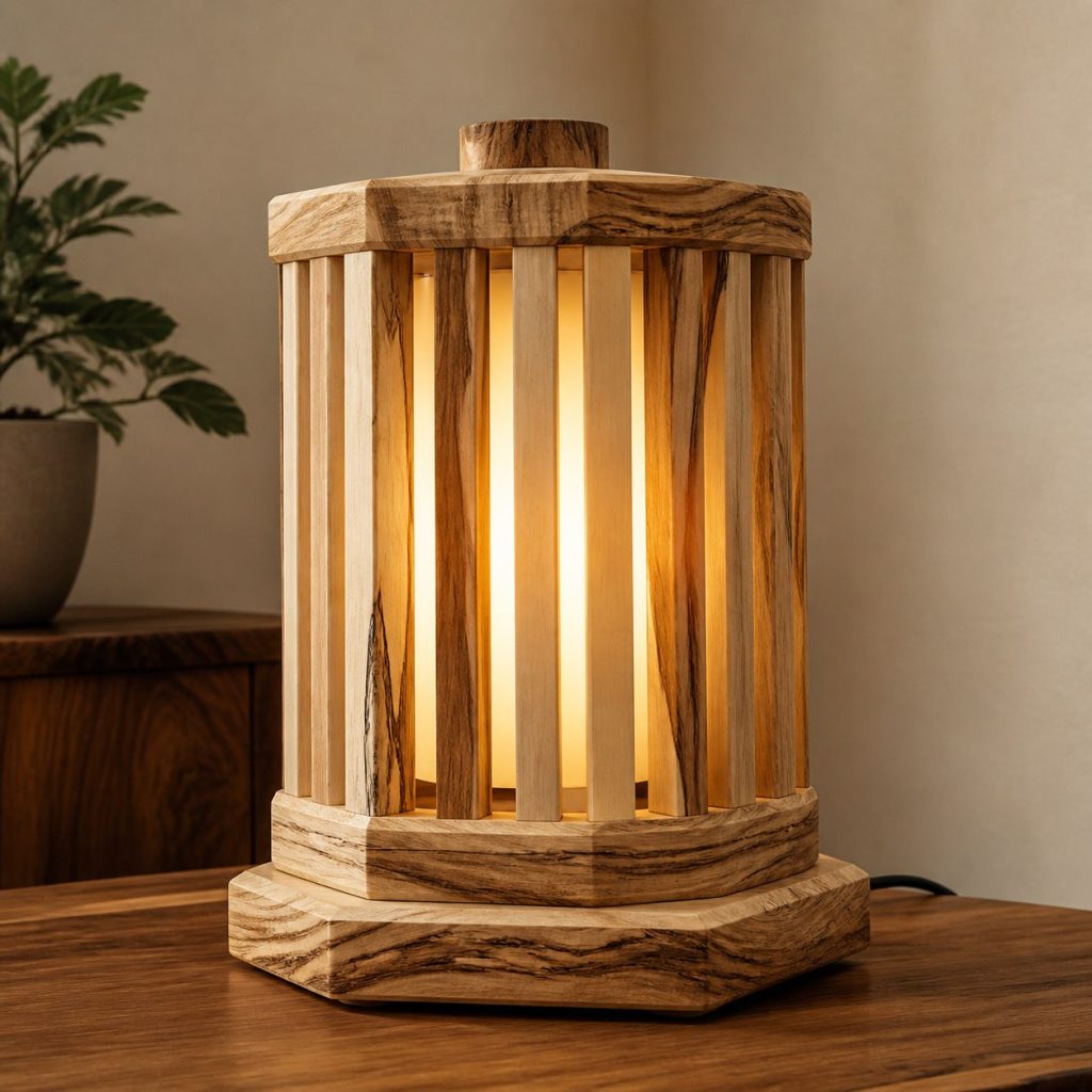 Hickory Slatted Lantern Lamp shown as an original square photorealistic hickory wood lamp with authentic grain, warm diffused light, and a short dark power cord