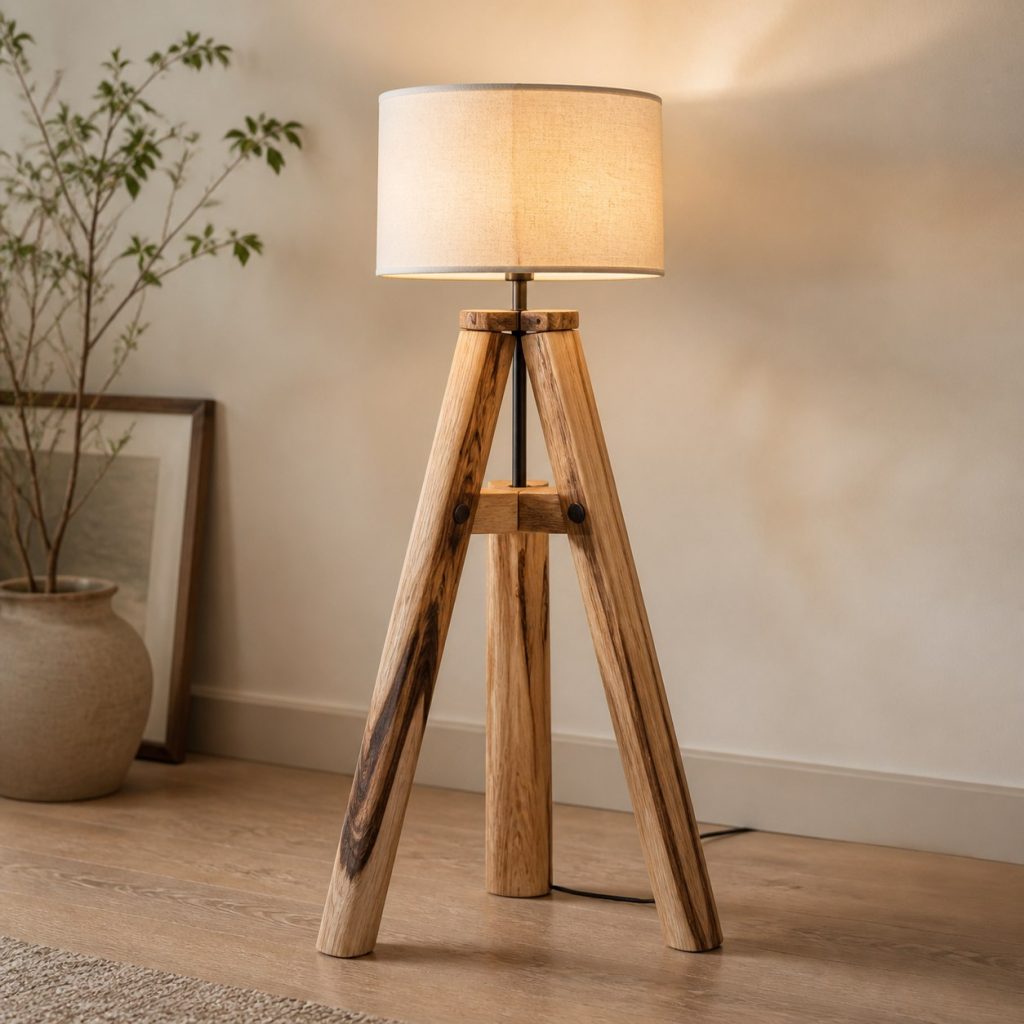 Hickory Tripod Reading Lamp shown as an original square photorealistic hickory wood lamp with authentic grain, warm diffused light, and a short dark power cord