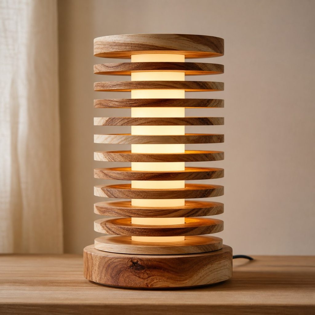 Hickory Stacked Ring Lamp shown as an original square photorealistic hickory wood lamp with authentic grain, warm diffused light, and a short dark power cord