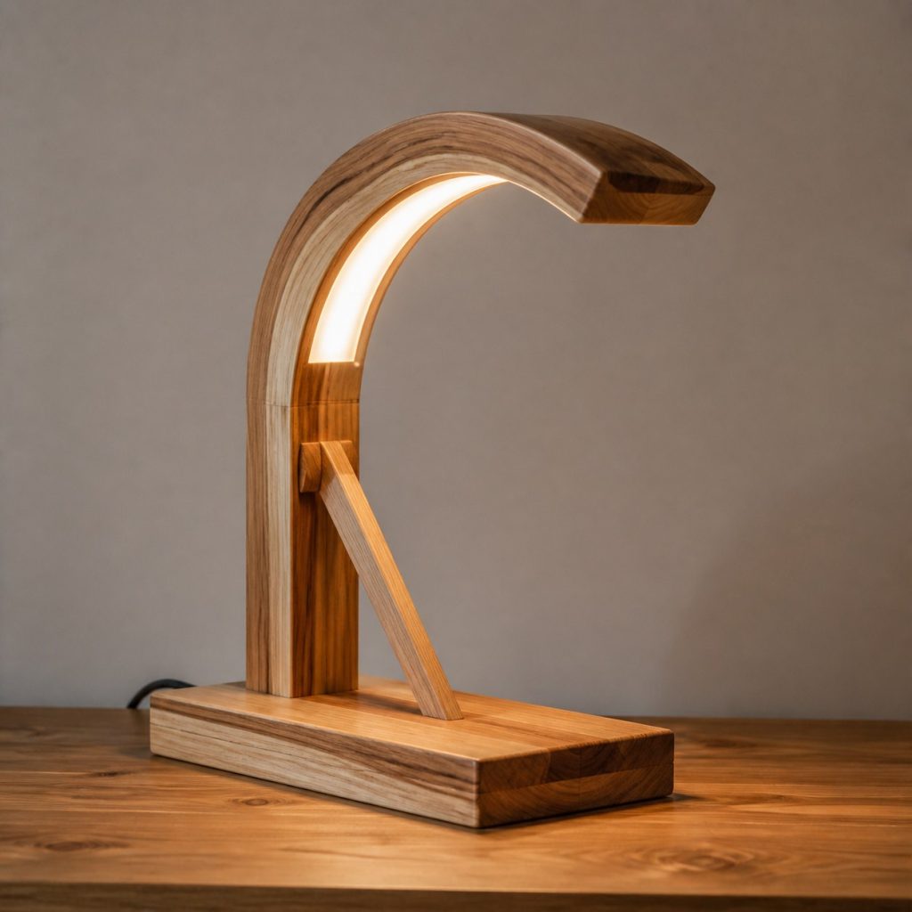 Hickory Laminated Arch Lamp shown as an original square photorealistic hickory wood lamp with authentic grain, warm diffused light, and a short dark power cord