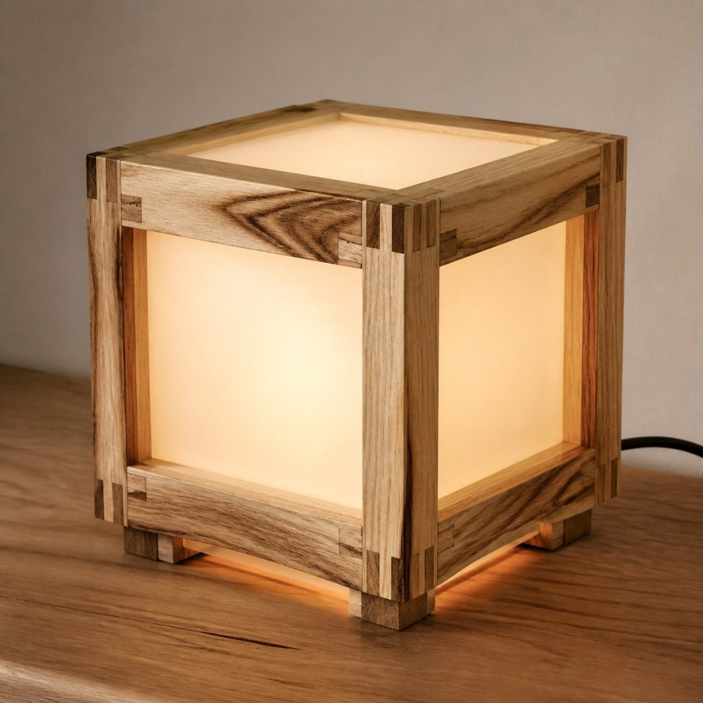 Hickory Box-Jointed Cube Lamp shown as an original square photorealistic hickory wood lamp with authentic grain, warm diffused light, and a short dark power cord