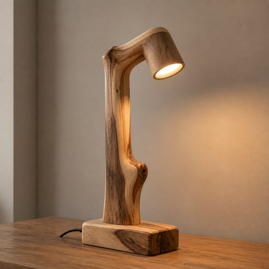 Hickory Branch Reading Lamp shown as an original square photorealistic hickory wood lamp with authentic grain, warm diffused light, and a short dark power cord