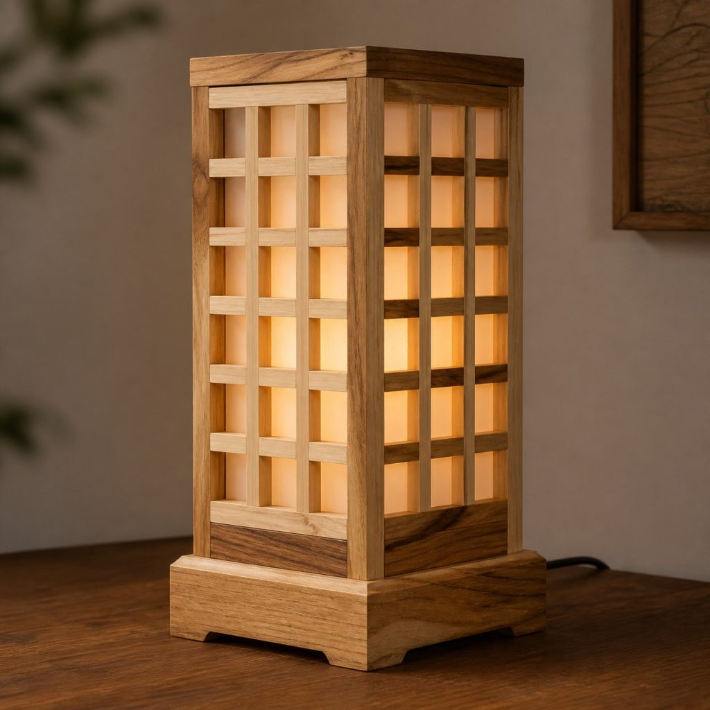 Hickory Lattice Lamp shown as an original square photorealistic hickory wood lamp with authentic grain, warm diffused light, and a short dark power cord