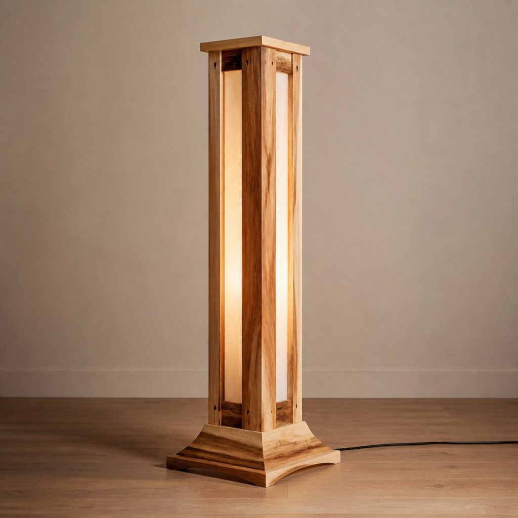 Hickory Column Floor Lamp shown as an original square photorealistic hickory wood lamp with authentic grain, warm diffused light, and a short dark power cord