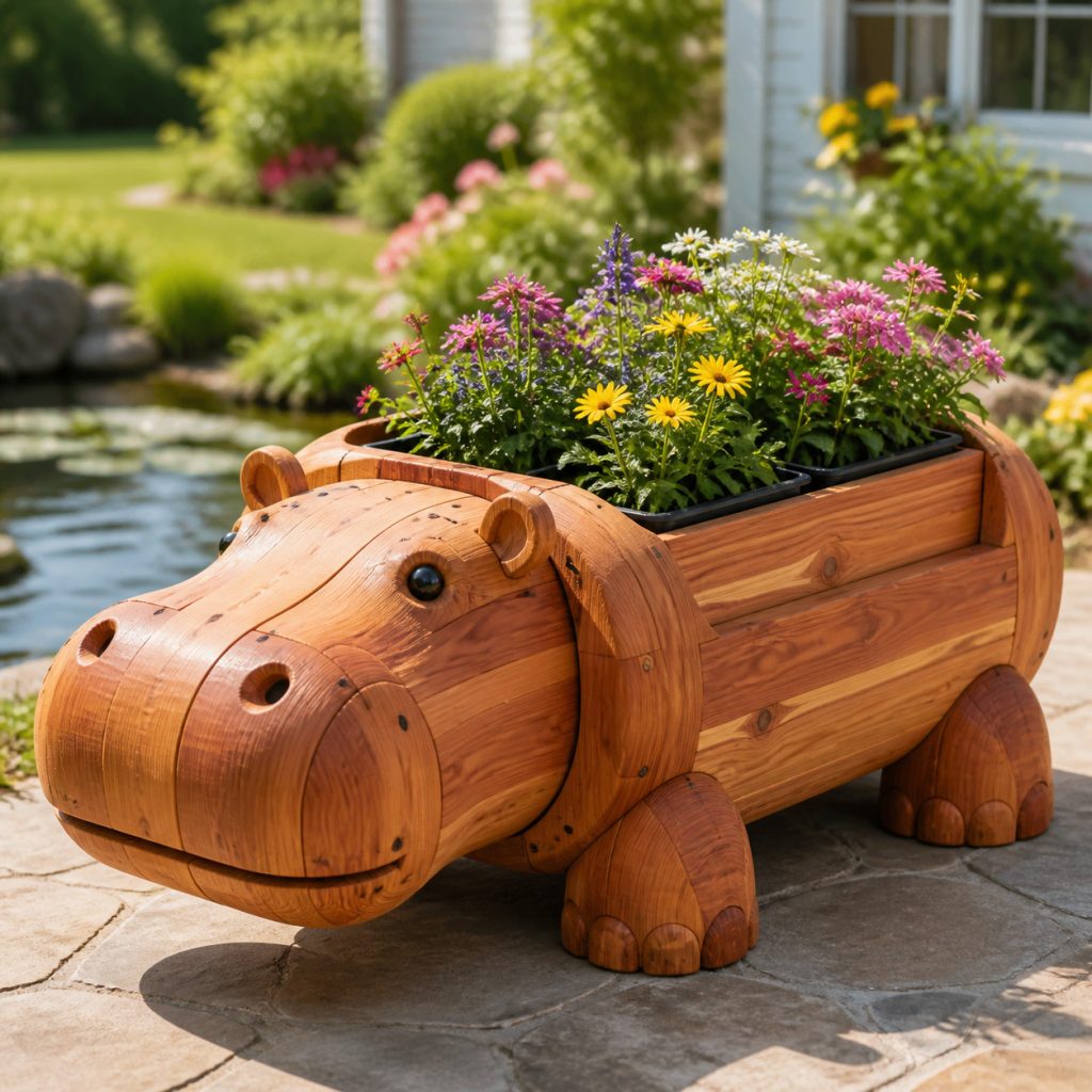 Classic Rounded Cedar Hippo shown as a square photorealistic cedar garden planter filled with cottage flowers