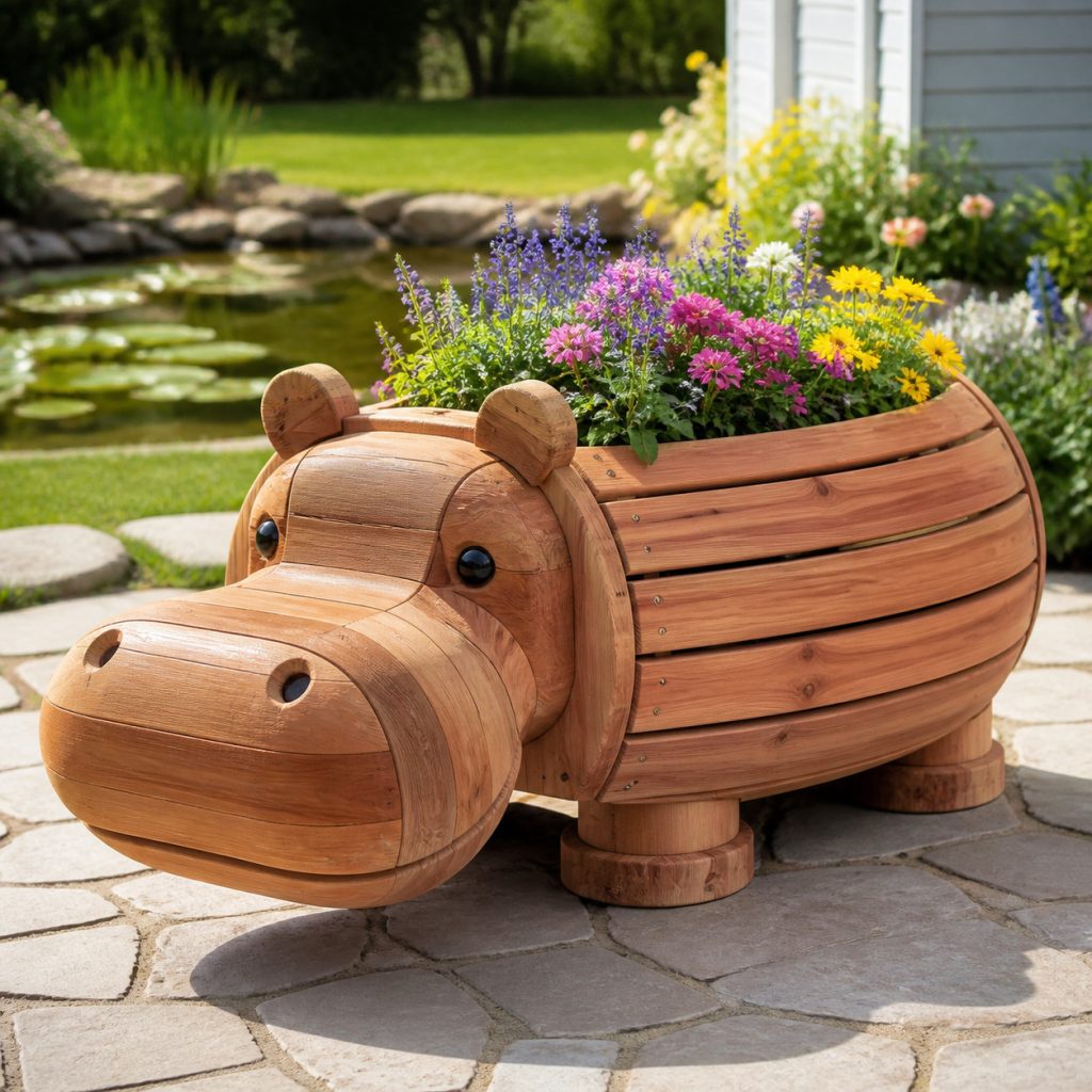 Low Wide Hippo Trough shown as a square photorealistic cedar garden planter filled with cottage flowers