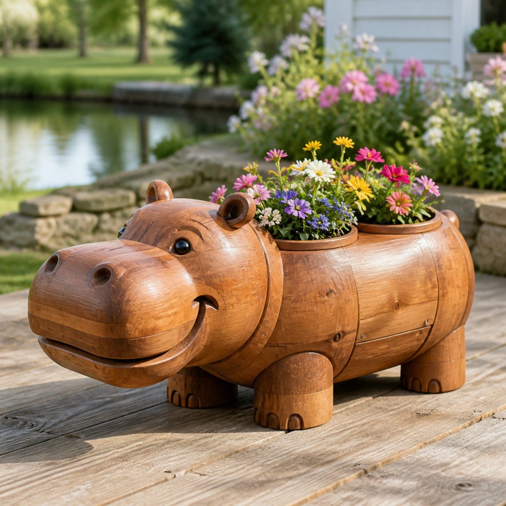 Smiling Cottage Hippo shown as a square photorealistic cedar garden planter filled with cottage flowers