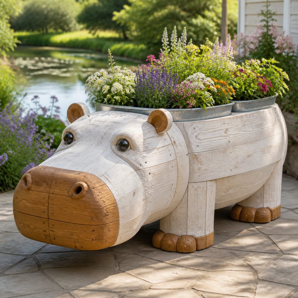 Whitewashed Garden Hippo shown as a square photorealistic cedar garden planter filled with cottage flowers