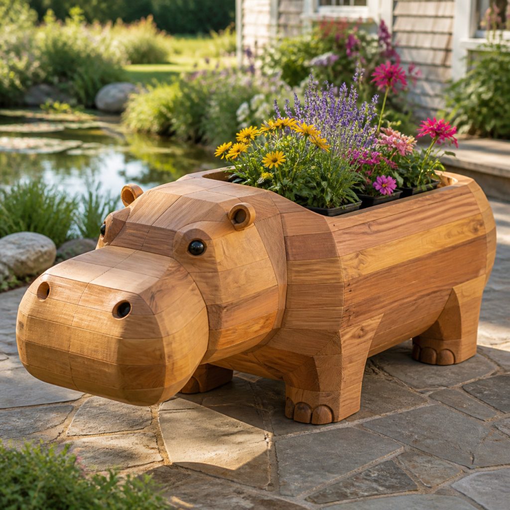 Modern Geometric Hippo shown as a square photorealistic cedar garden planter filled with cottage flowers