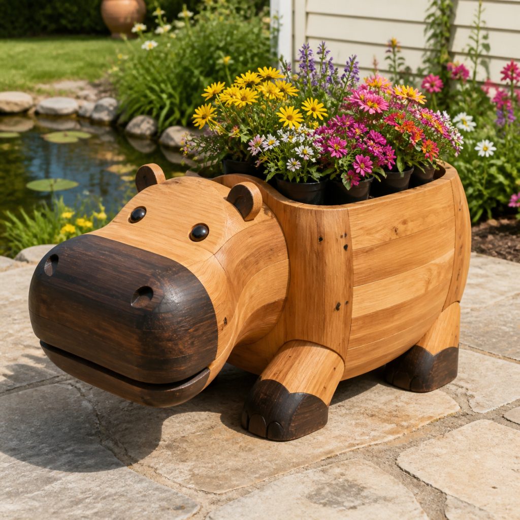 Dark-Muzzle Two-Tone Hippo shown as a square photorealistic cedar garden planter filled with cottage flowers
