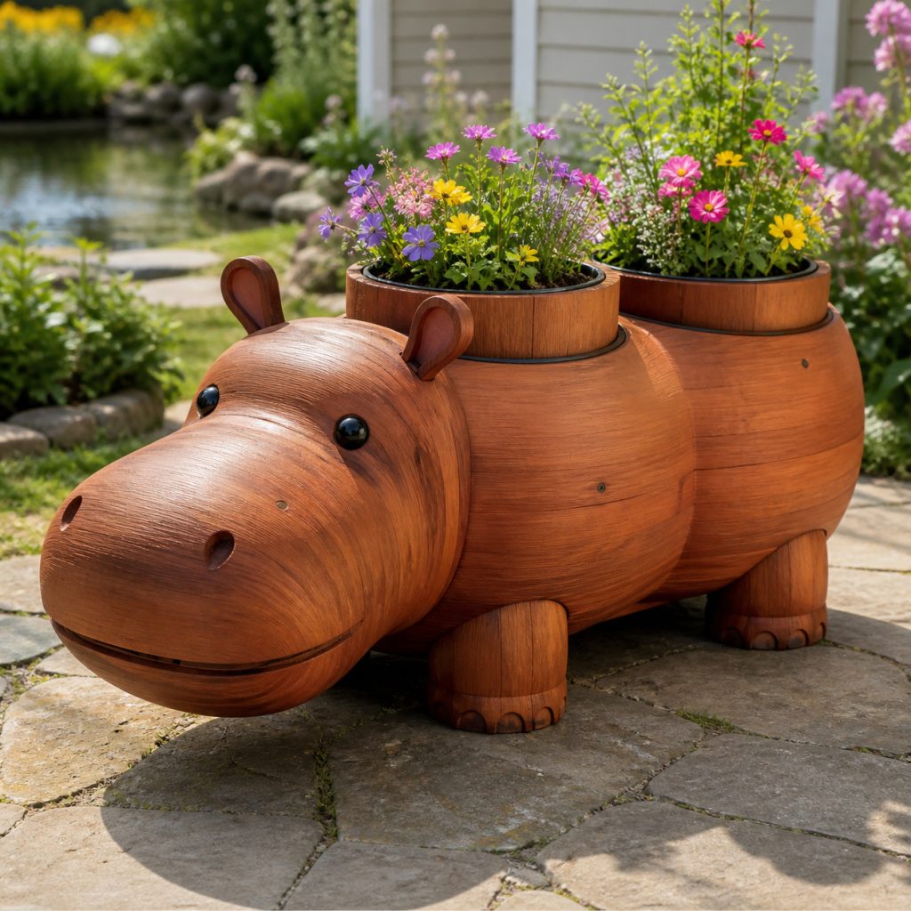 Hippo with Twin Flower Pots shown as a square photorealistic cedar garden planter filled with cottage flowers