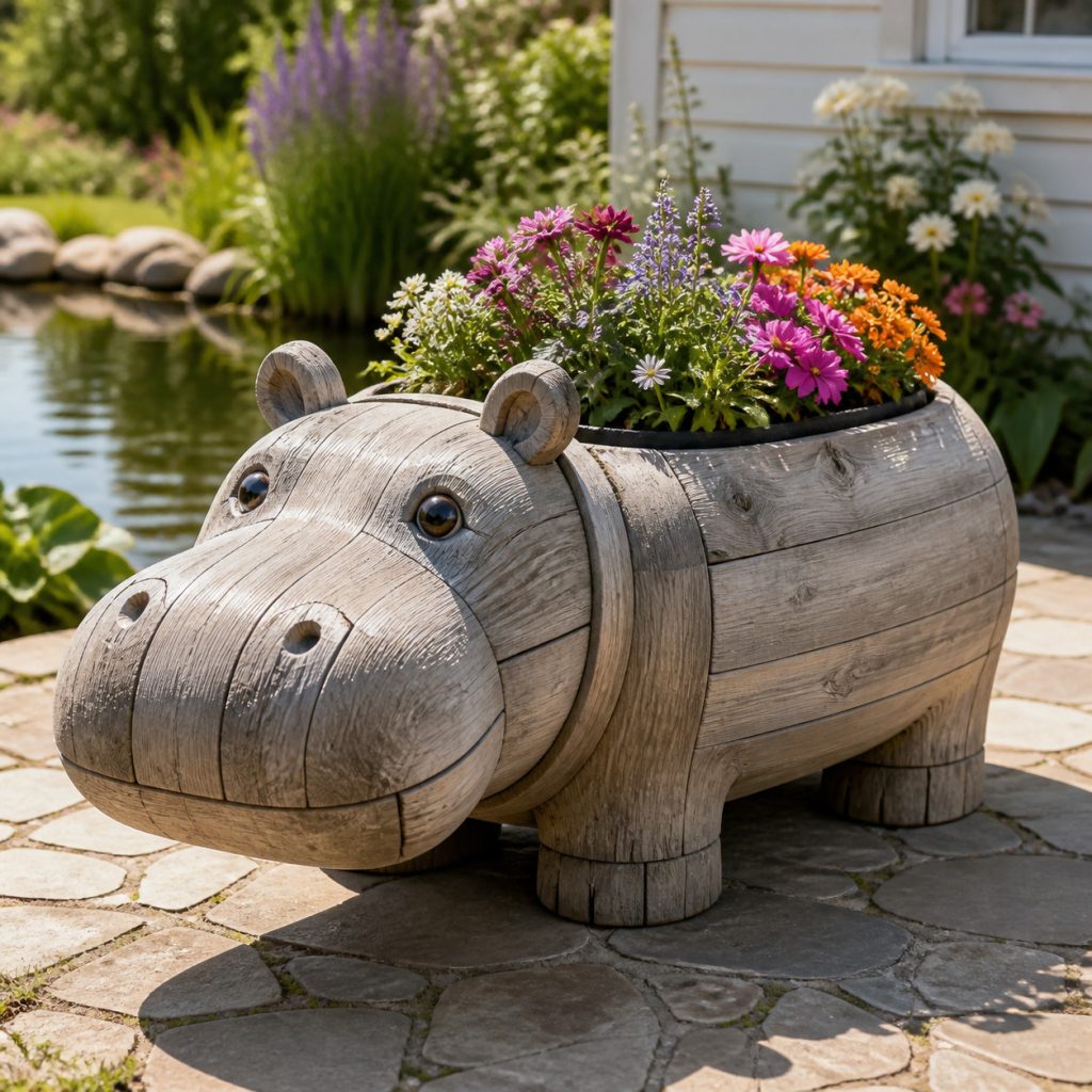 Weathered Pond-Side Hippo shown as a square photorealistic cedar garden planter filled with cottage flowers