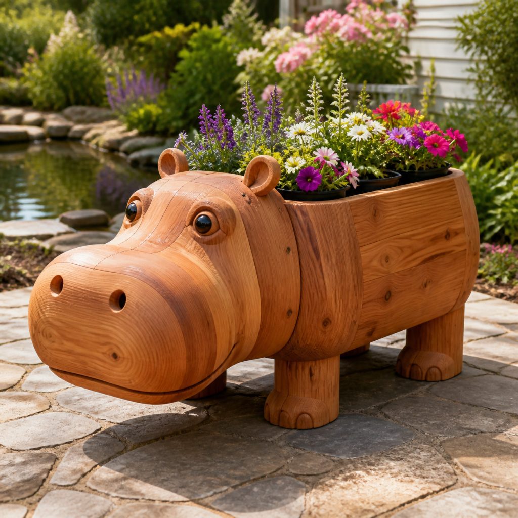 Chunky Timber Hippo Box shown as a square photorealistic cedar garden planter filled with cottage flowers