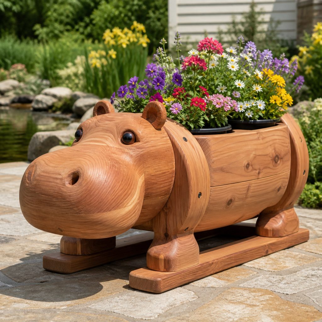 Compact Hippo on Base Rails shown as a square photorealistic cedar garden planter filled with cottage flowers