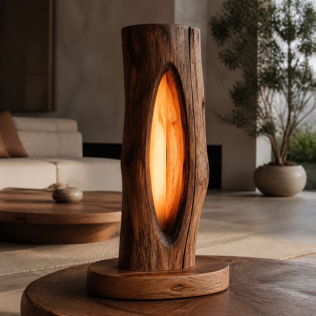 Hollow Walnut Log Table Lamp shown as an original square photorealistic hollow log lamp dominated by real timber grain and warm diffused LED light
