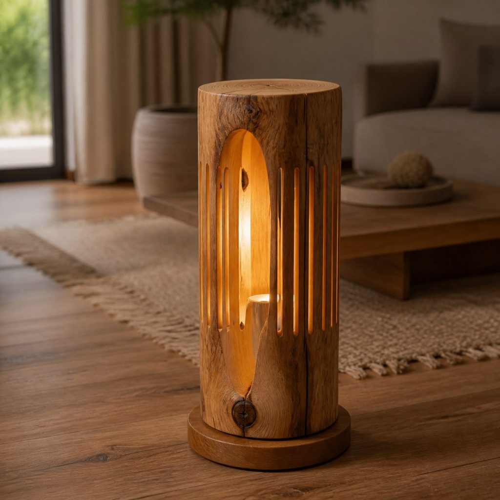 Olive-Wood Cavity Floor Lamp shown as an original square photorealistic hollow log lamp dominated by real timber grain and warm diffused LED light