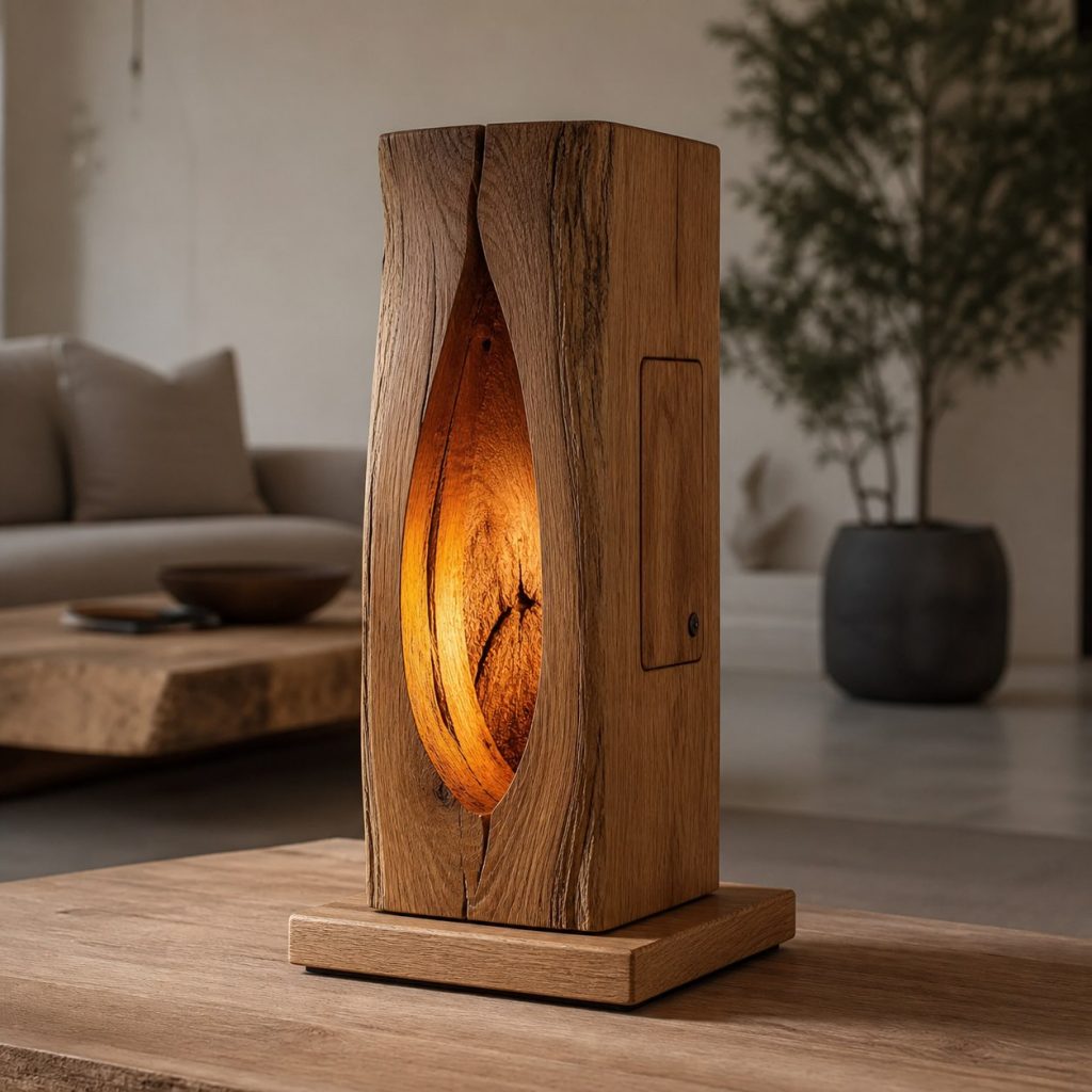 Cedar Cylinder Log Lantern shown as an original square photorealistic hollow log lamp dominated by real timber grain and warm diffused LED light