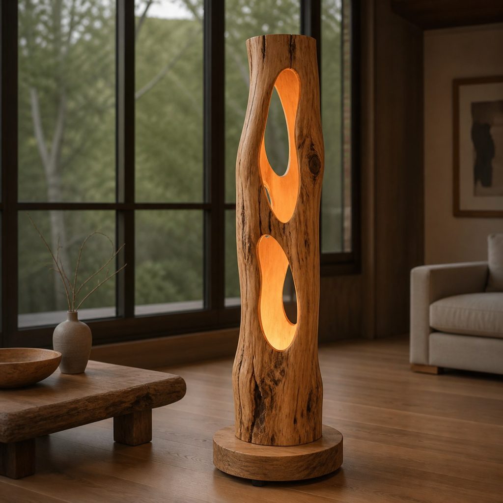 Oak Knot-Cavity Lamp shown as an original square photorealistic hollow log lamp dominated by real timber grain and warm diffused LED light