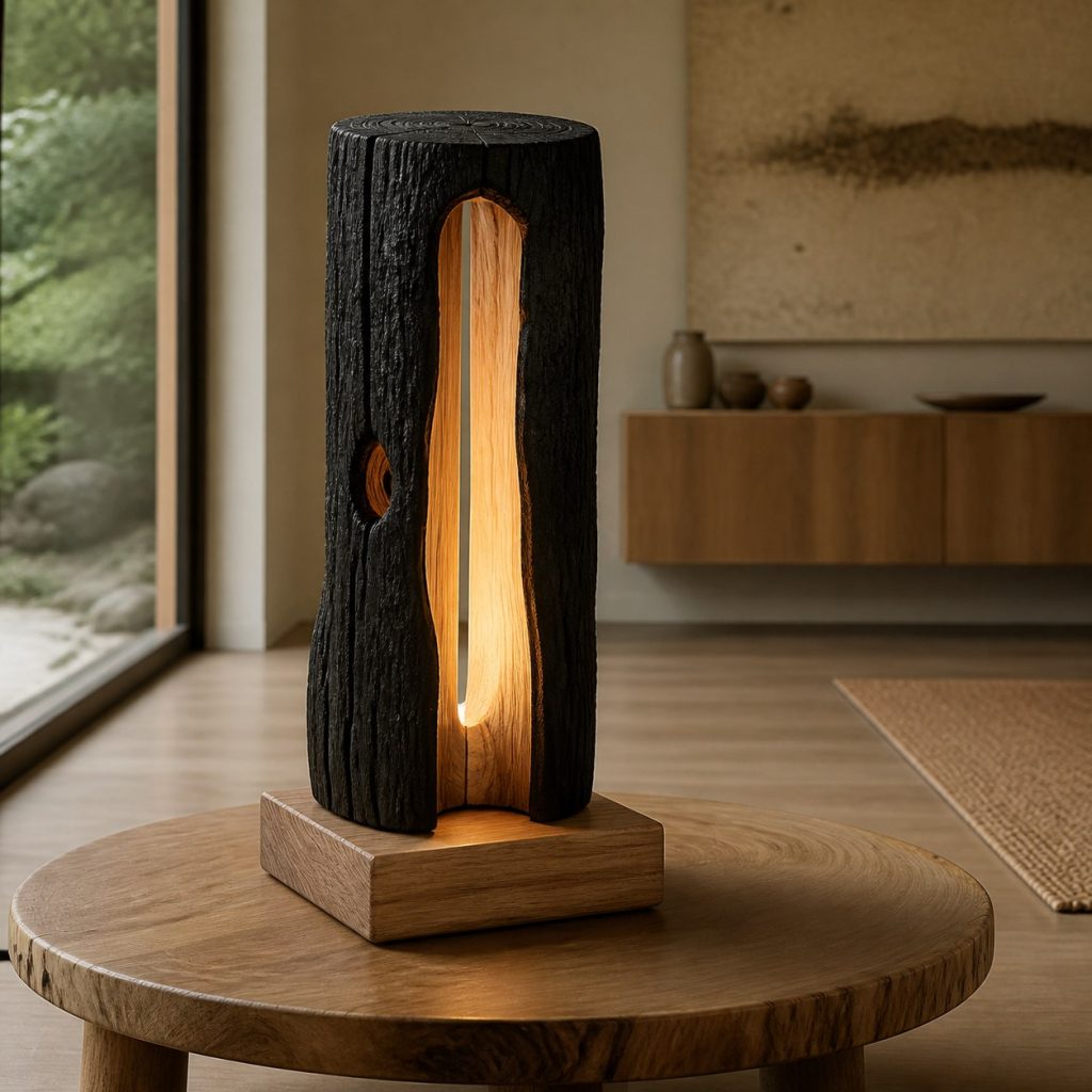 Charred-Ash Hollow Log Lamp shown as an original square photorealistic hollow log lamp dominated by real timber grain and warm diffused LED light