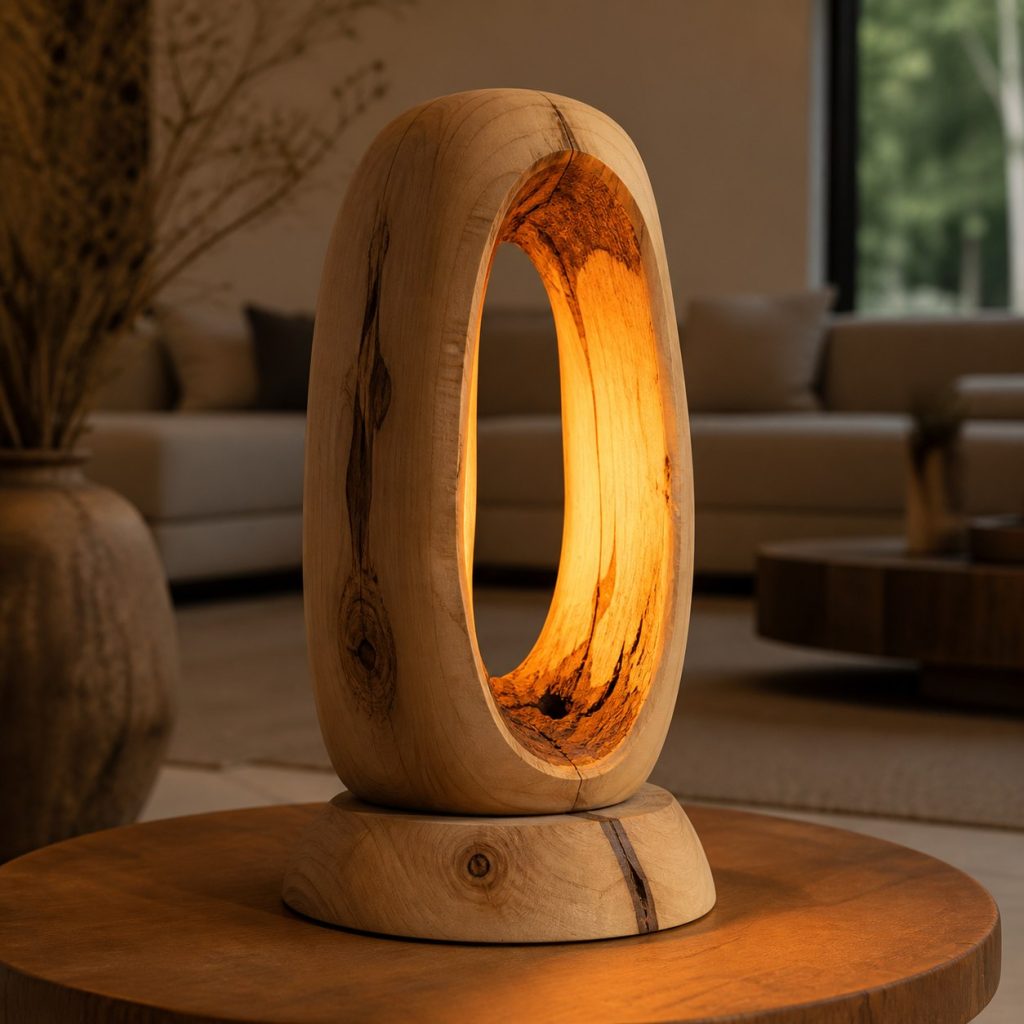 Maple Hollow-Branch Lamp shown as an original square photorealistic hollow log lamp dominated by real timber grain and warm diffused LED light