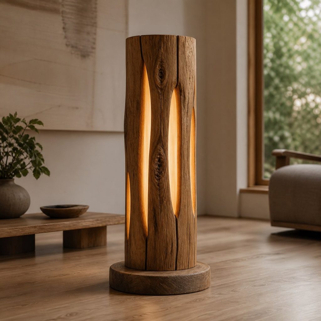 Reclaimed-Elm Hollow Floor Lantern shown as an original square photorealistic hollow log lamp dominated by real timber grain and warm diffused LED light