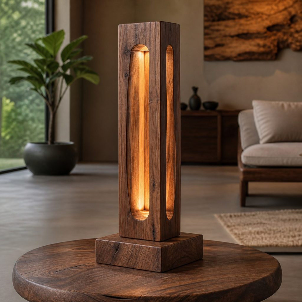 Walnut Carved-Chamber Lamp shown as an original square photorealistic hollow log lamp dominated by real timber grain and warm diffused LED light