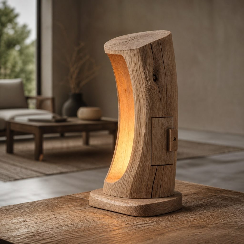White-Oak Crescent Log Lamp shown as an original square photorealistic hollow log lamp dominated by real timber grain and warm diffused LED light