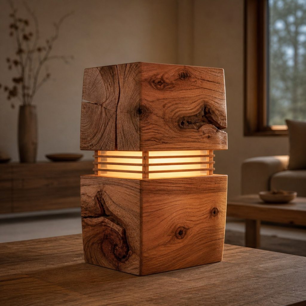 Two-Piece Hollow Cedar Lamp shown as an original square photorealistic hollow log lamp dominated by real timber grain and warm diffused LED light