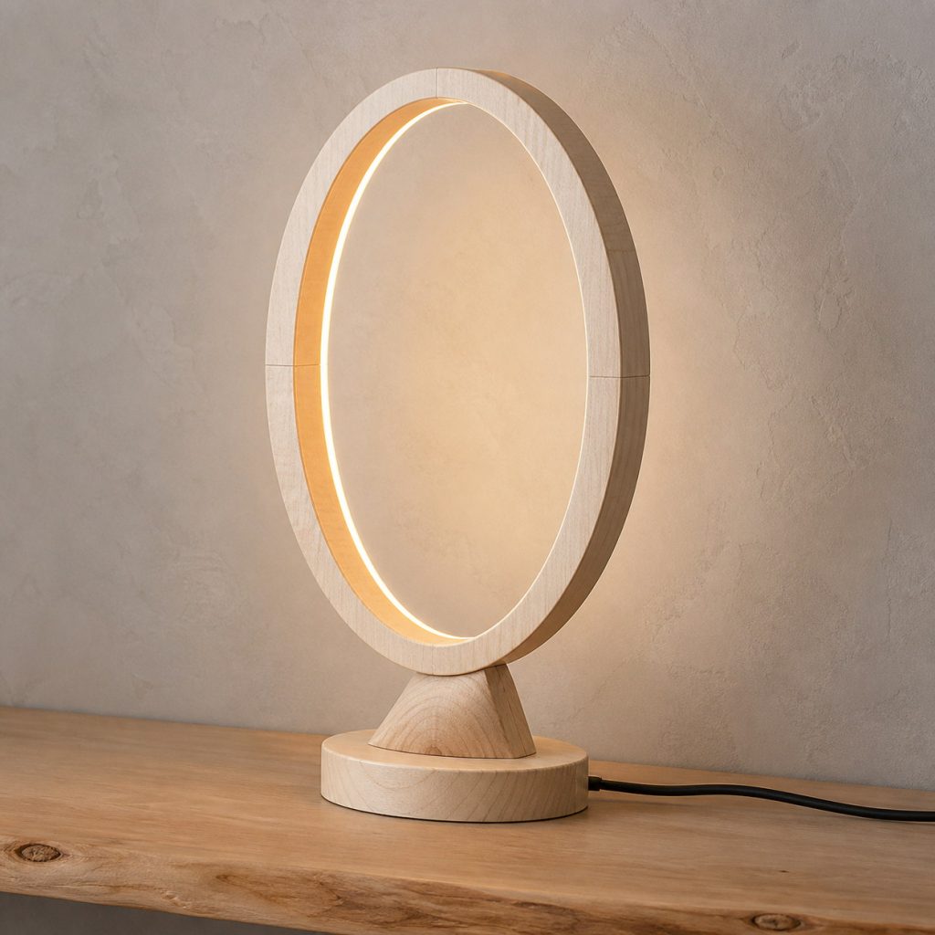 Holly Wood Elliptical-Ring Lamp shown as an original square photorealistic holly wood lamp with natural natural ivory-white with fine subtle grain grain, distinctive construction, and warm diffused light