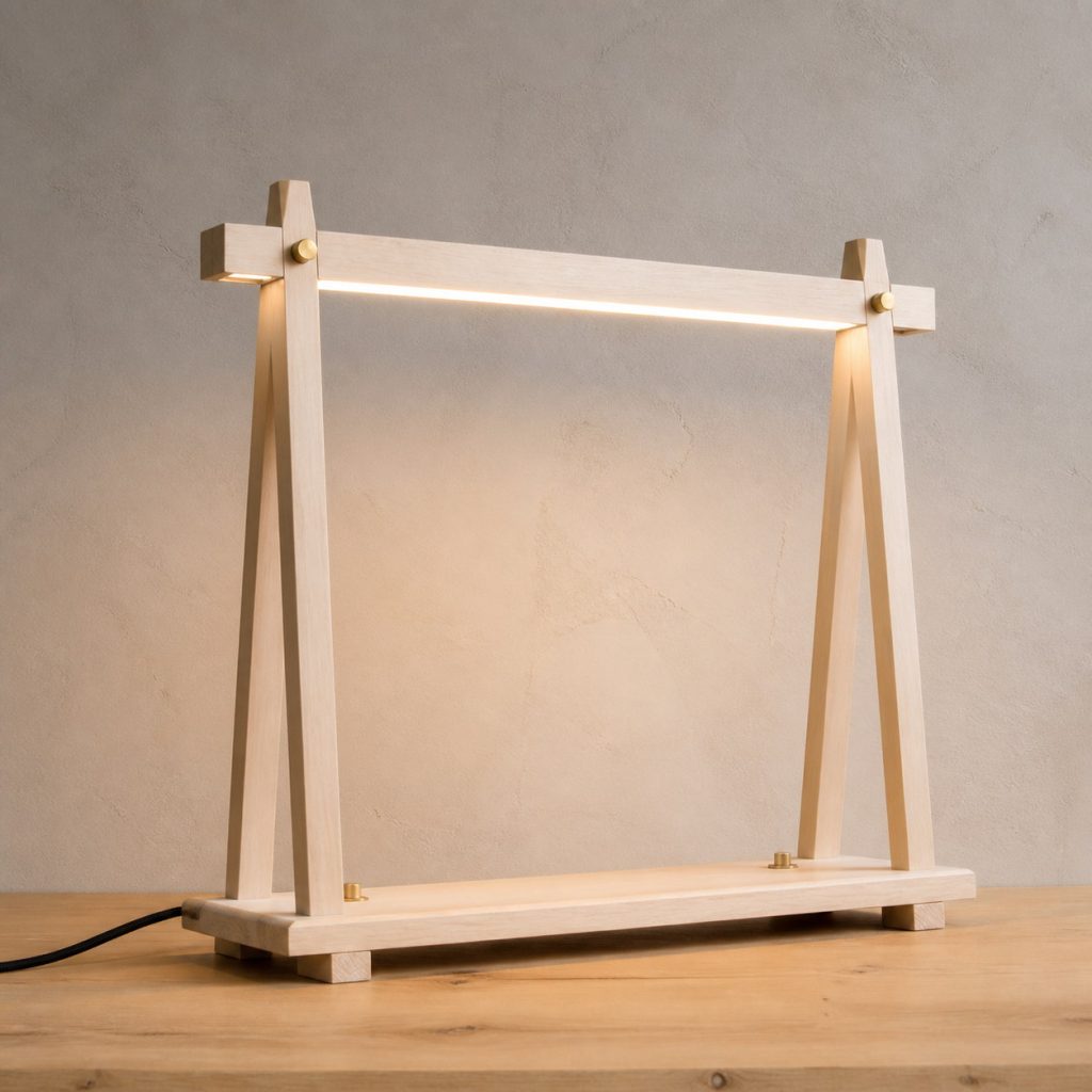 Holly Wood Minimal-Trestle Desk Lamp shown as an original square photorealistic holly wood lamp with natural natural ivory-white with fine subtle grain grain, distinctive construction, and warm diffused light