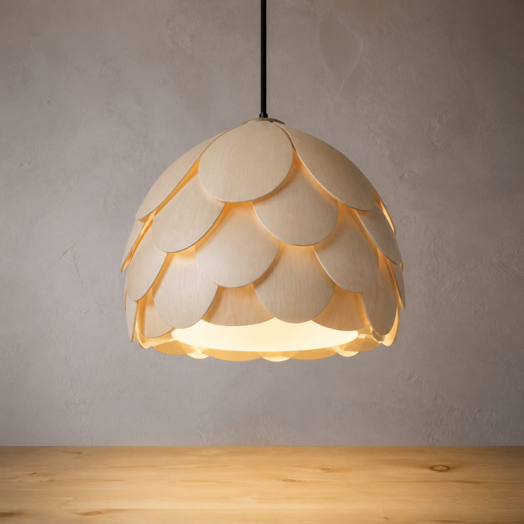 Holly Wood Petal-Dome Pendant shown as an original square photorealistic holly wood lamp with natural natural ivory-white with fine subtle grain grain, distinctive construction, and warm diffused light