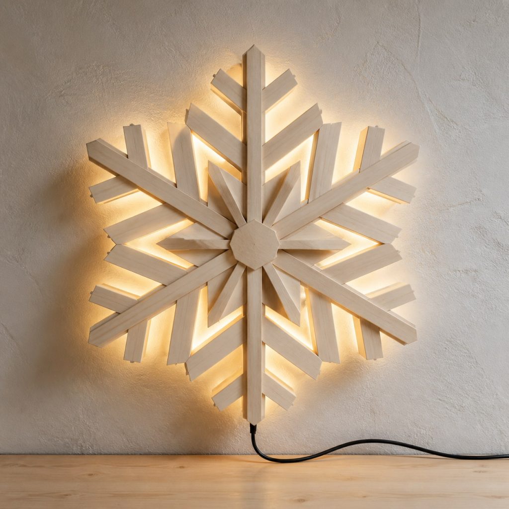 Holly Wood Layered-Snowflake Sconce shown as an original square photorealistic holly wood lamp with natural natural ivory-white with fine subtle grain grain, distinctive construction, and warm diffused light