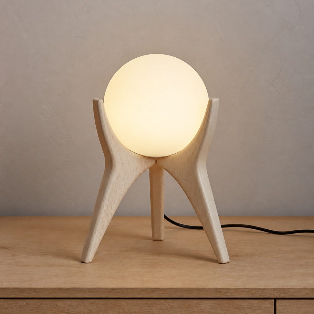 Holly Wood Three-Leg Globe Lamp shown as an original square photorealistic holly wood lamp with natural natural ivory-white with fine subtle grain grain, distinctive construction, and warm diffused light