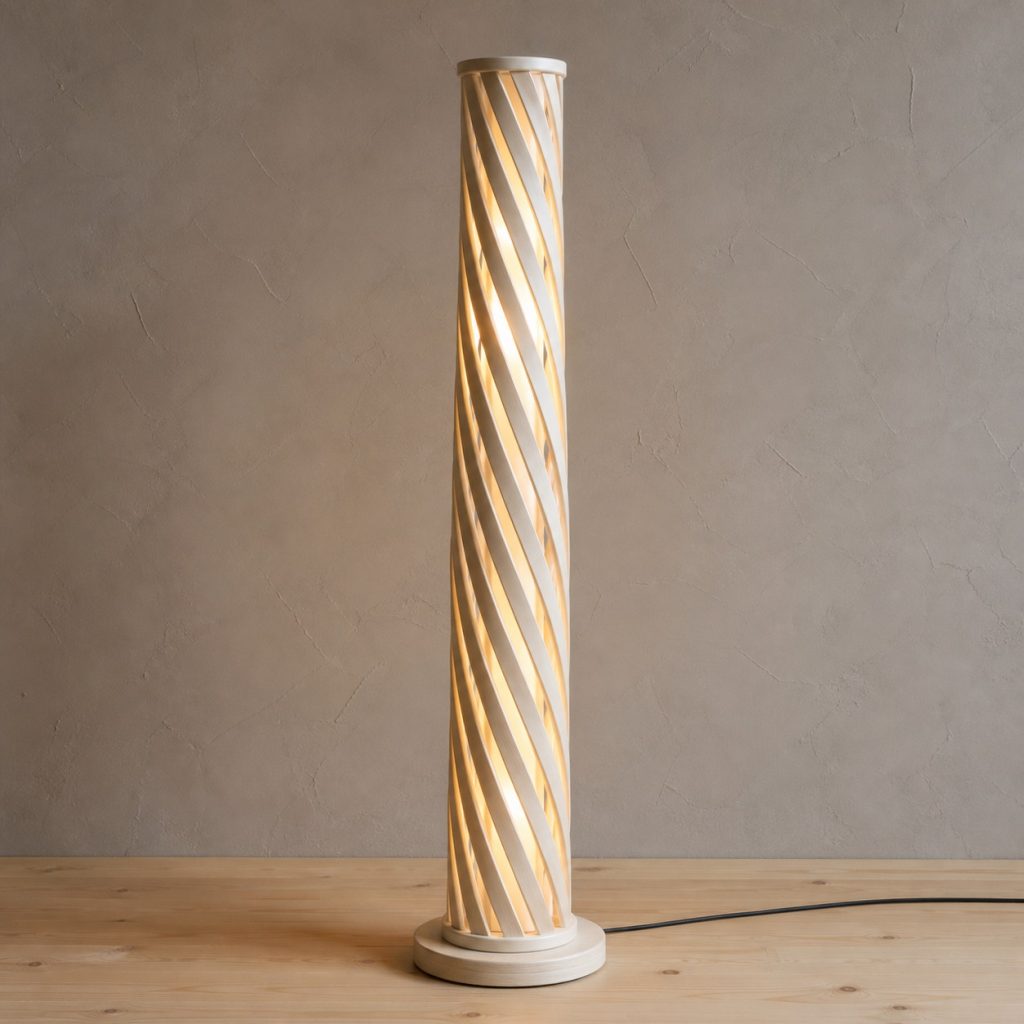 Holly Wood Spiral-Slat Tower shown as an original square photorealistic holly wood lamp with natural natural ivory-white with fine subtle grain grain, distinctive construction, and warm diffused light